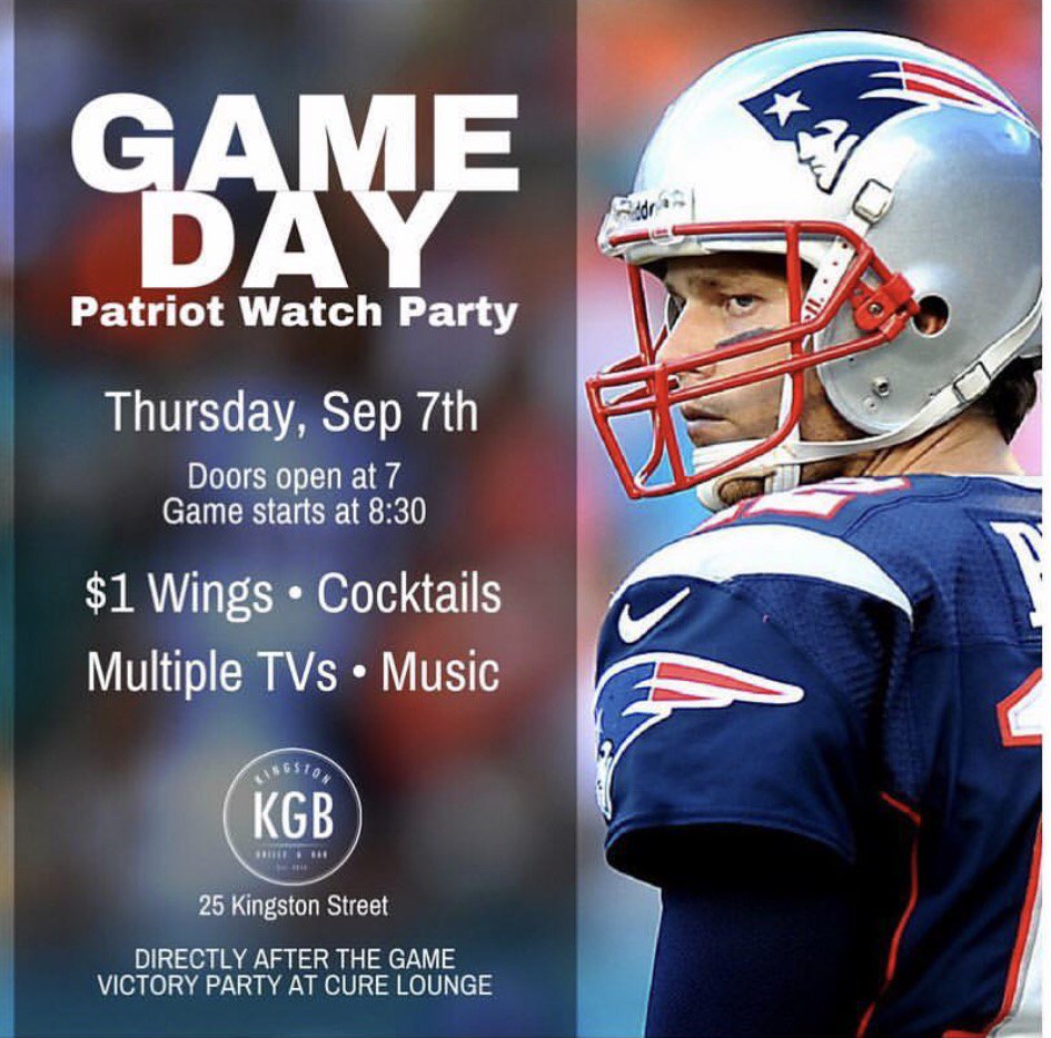 The Pats are back!! Join us at #KGB for dollar wings tomorrow night starting at 7pm!! #Boston