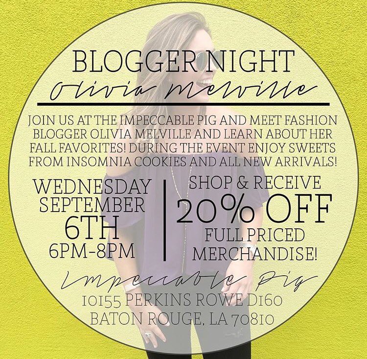 Head over to The Impeccable Pig tonight in Perkins Rowe for some game day styling tips from our girl Olivia and 20% off!