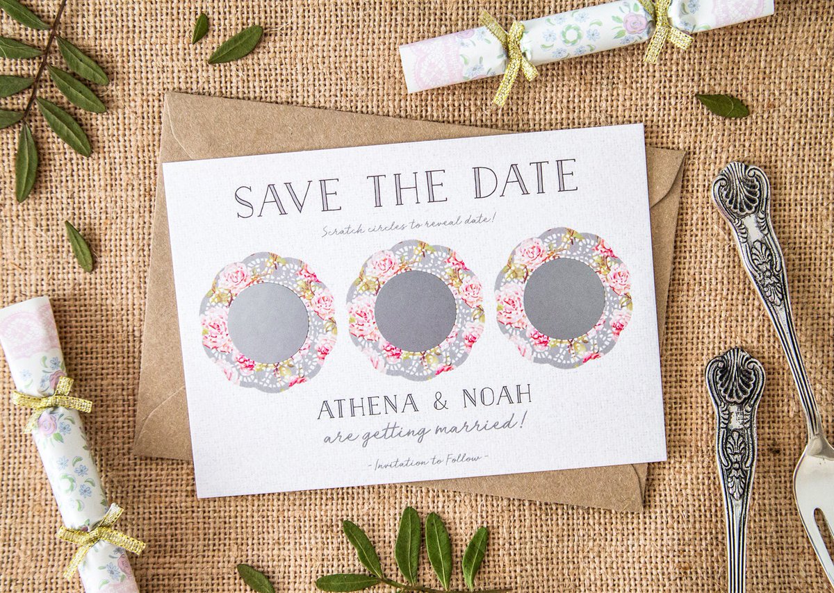 smstationery's tweet photo. Playfully reveal your wedding date with these doily scratch #SaveTheDate invites! 💖 https://t.co/KsxBbQOcRx #WeddingWednesday #WeddingHour https://t.co/KZDvfTom49