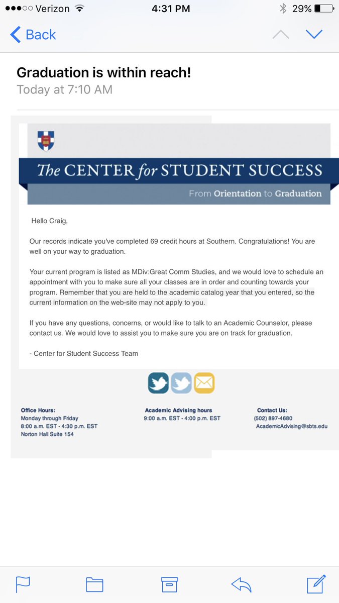 craigcscott83's tweet photo. This email from @SBTS made my day! #4moreclasses #MDiv #graduationdayisnear #spring2018 https://t.co/4DgeQidG6T