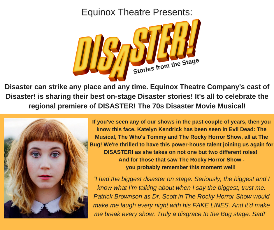 EquinoxTheatre's tweet photo. Time for another #DisastersOnStage story! Get your #Disaster tix now! #70smusical #breakingonstage #Denver @thebugtheatre https://t.co/Q6dujaZMz4
