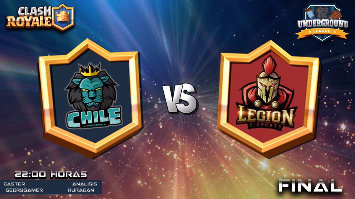Gran final de <a href="/cr_underground/">LIGA UNDERGROUND CR</a> Latinoamérico.
@Chile_Royaleros vs @LegioneSportsCR 
22:00 Chile, 20:00 México 
Transmite @SecryGamer