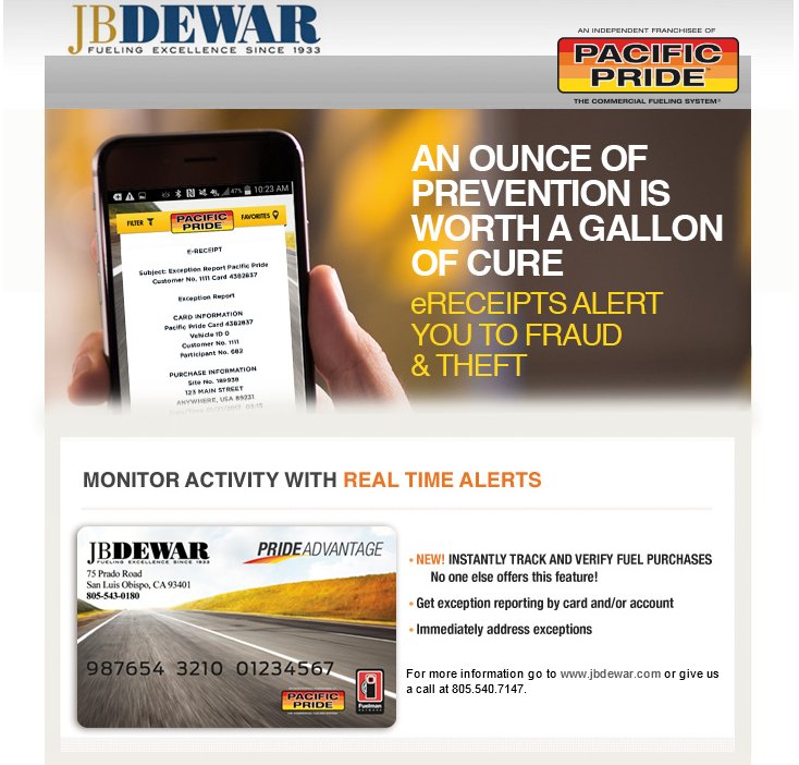 JBDewarInc's tweet photo. Monitor cardlock activity with real time alerts.  Sign-up for eReceipts today by calling us at 543-0180 #jbdewar #pacificpride https://t.co/hDl2r66Enm