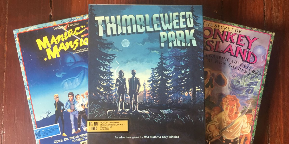 grumpygamer's tweet photo. This is not photoshopped! You can buy the feelie-stuffed Thimbleweed Park box right now! https://t.co/H9BMKap64B https://t.co/ZGl0Y0ntrF