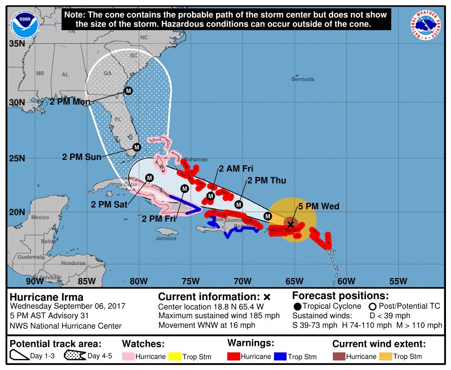 chswx's tweet photo. Here’s the 5PM track for #Irma. Category 3 major hurricane hugging the east coast of FL and GA after a landfall in Miami. #CHS in the cone. https://t.co/hxrJoQzpJj
