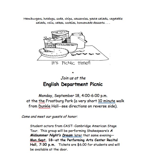 EnglishFSU's tweet image. Join us for the English Department Picnic in Frostburg Park, 4-6pm on Monday, September 18