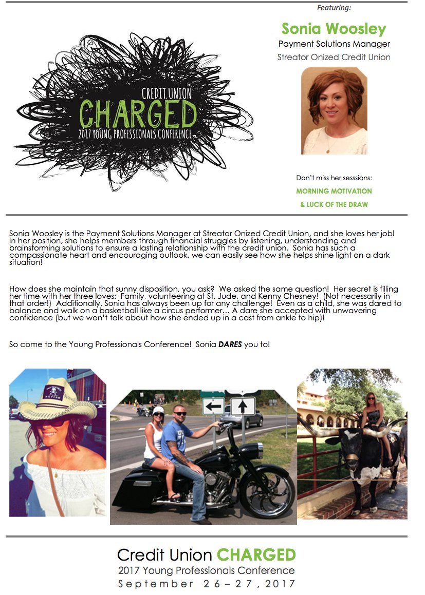 We are developing and cultivating leaders in the Credit Union Industry every day!  Sonia will be hosting her own session at the 2017 YP Conf