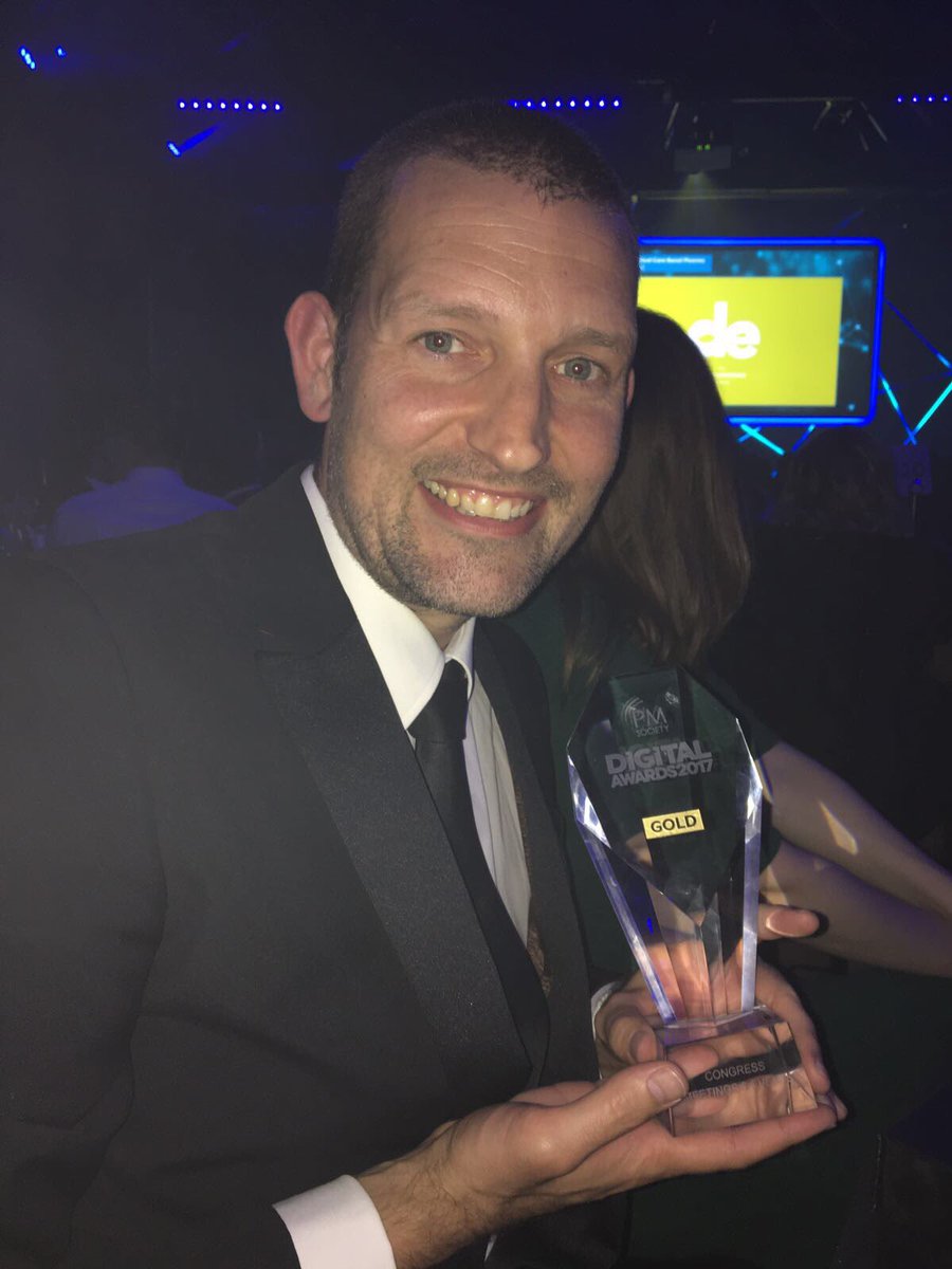 hivehealth's tweet image. A very happy looking James, as he holds the 3rd of our 3 Gold awards, this one in the New Technology category. 🥇 #PMSociety #DigitalAward