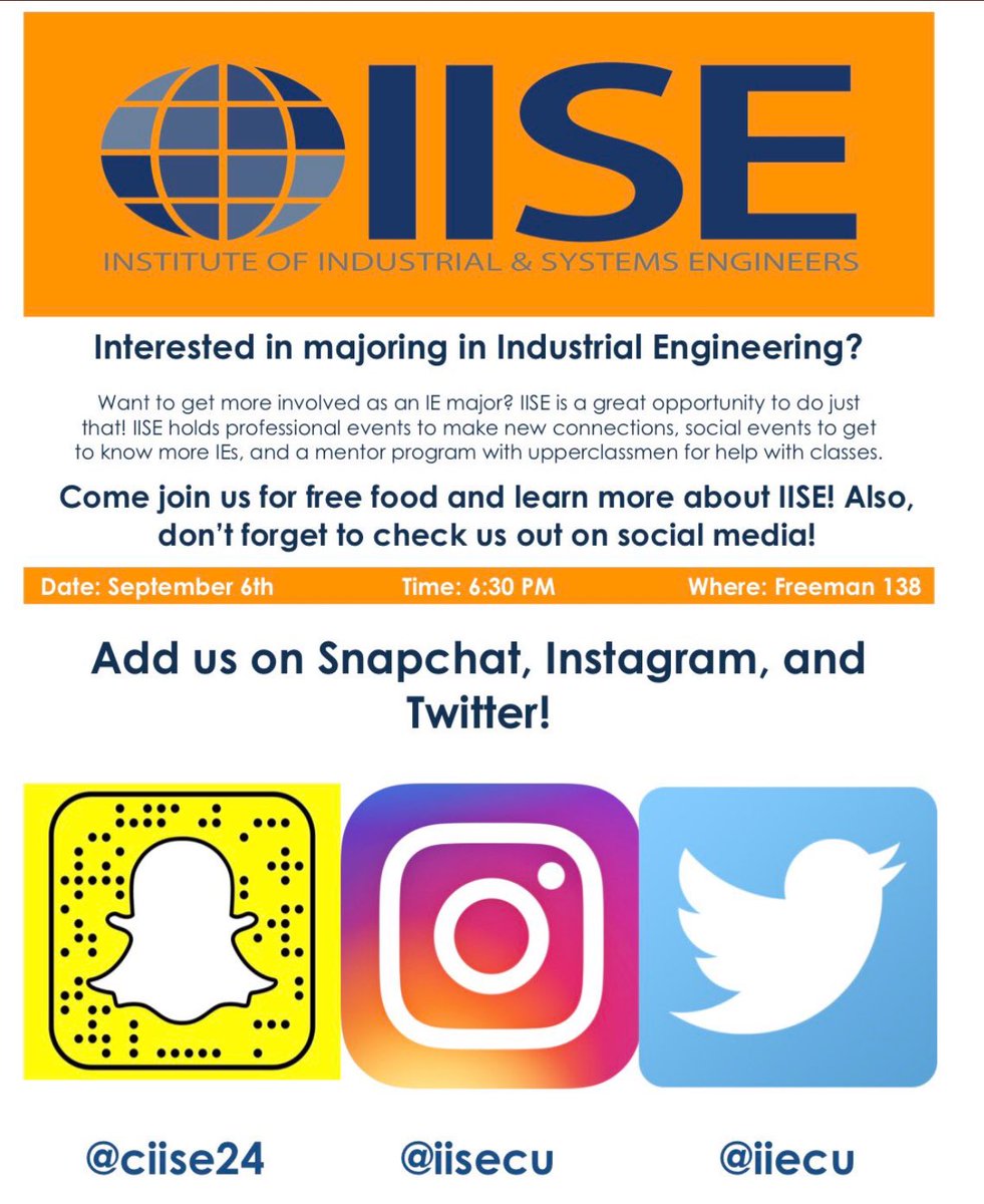 ClemsonIISE's tweet photo. Don't forget to come out today @ 6:30pm in 138 Freeman Hall to learn about IISE https://t.co/tvWd9740gs