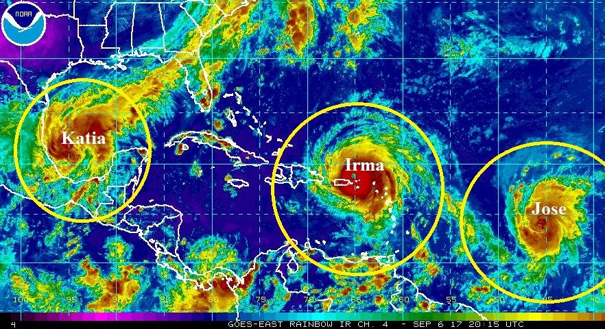 NBCNightlyNews's tweet photo. 3 hurricanes now active in the Atlantic basin: #Irma, #Jose and #Katia. https://t.co/bfdevMF6aC https://t.co/8PB5DcbXrD