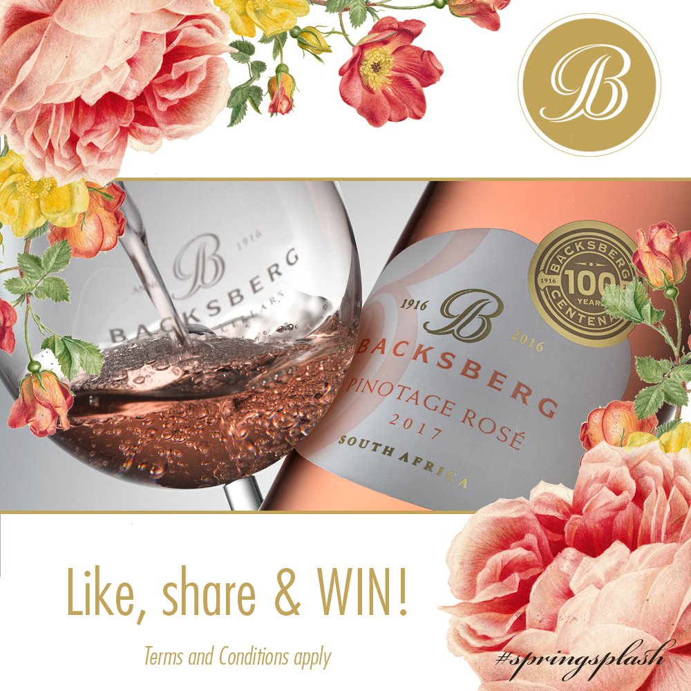 Backsberg's tweet photo. #Springsplash Competition: Stand to win 3 cases of our maiden Pinotage Rosé 2017! To enter: RT this post &amp; follow @backsberg. Ends 22 Sept. https://t.co/6h7tv9RZoE