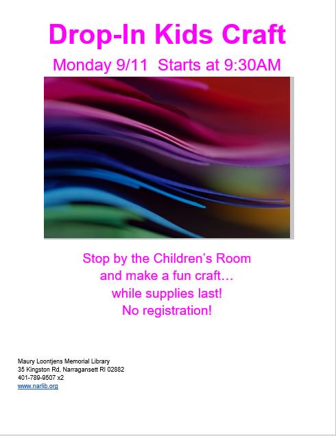 Make a cool craft in the kids room on Monday Sept 11, while supplies last! No registration required!