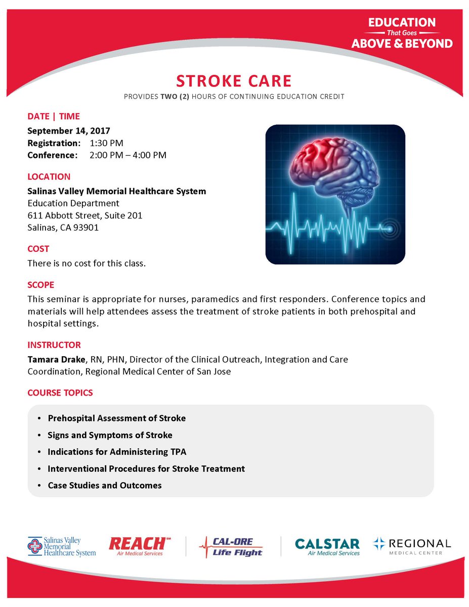mocoemsa's tweet image. CE opportunity Stroke Care 9/14 2-4p @SVMHS Education Department  No cost for 2 CEs  co.monterey.ca.us/Home/Component…