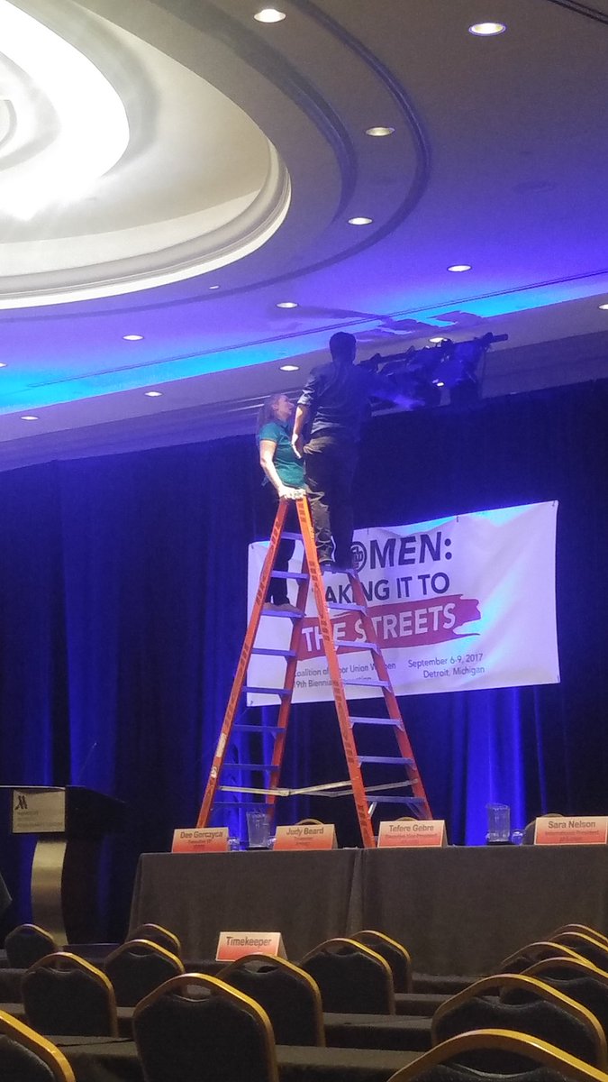 1Shyla's tweet photo. Our own @cluwlaura in action making sure we're good for opening ceremonies! #CLUW #CLUWTakinIt2TheStreets #2017Convention https://t.co/cYGZIxssNc