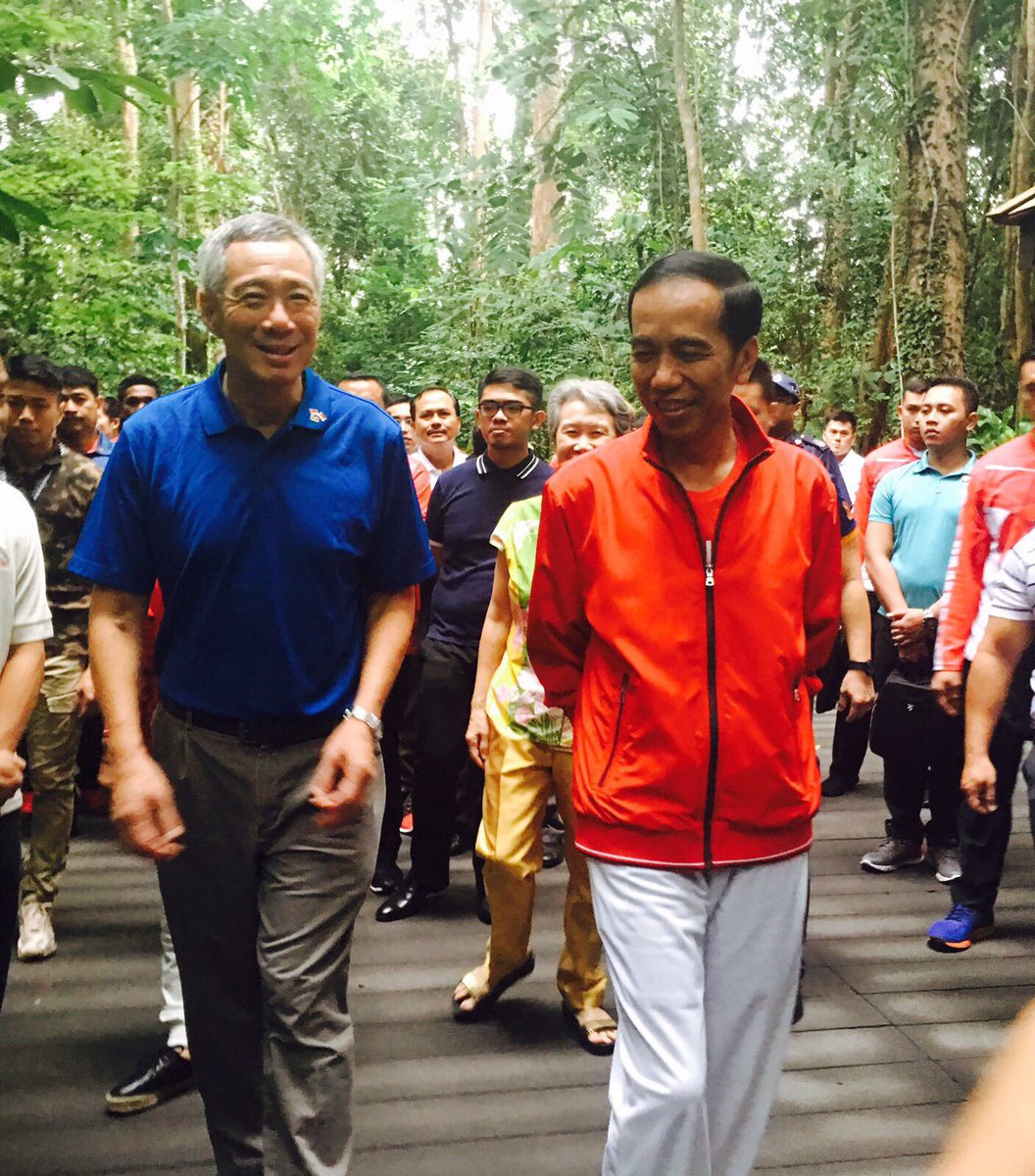 kbrisingapura's tweet photo. President @jokowi &amp; Ibu with PM @leehsienloong &amp; Madam did the #RISING50 Tree planting ceremony and casual walk at the Learning Forrest, BGS https://t.co/sEmvxLMV8R