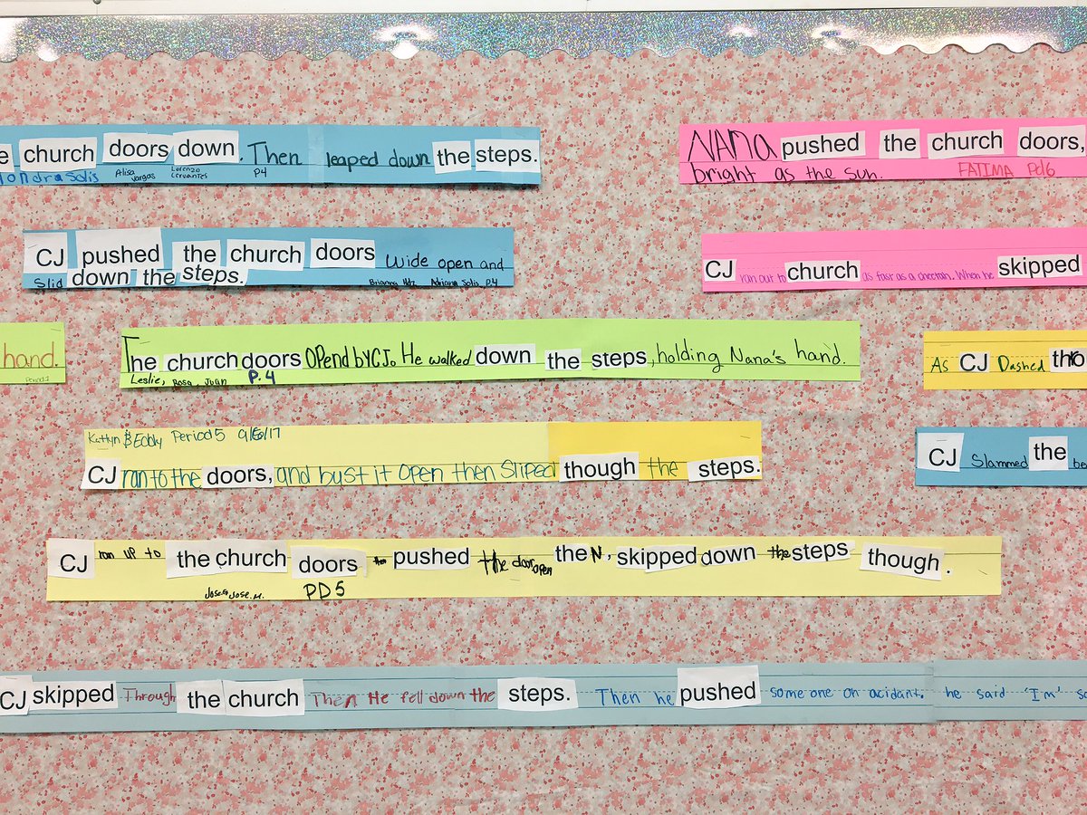 MsOyervides's tweet photo. Learning sentence structure + revision using mentor sentence from 'Last Stop on Market Street' by @mattdelapena #NISDjones @NisdBIL @NisdBIL https://t.co/C5UZjmUpvw