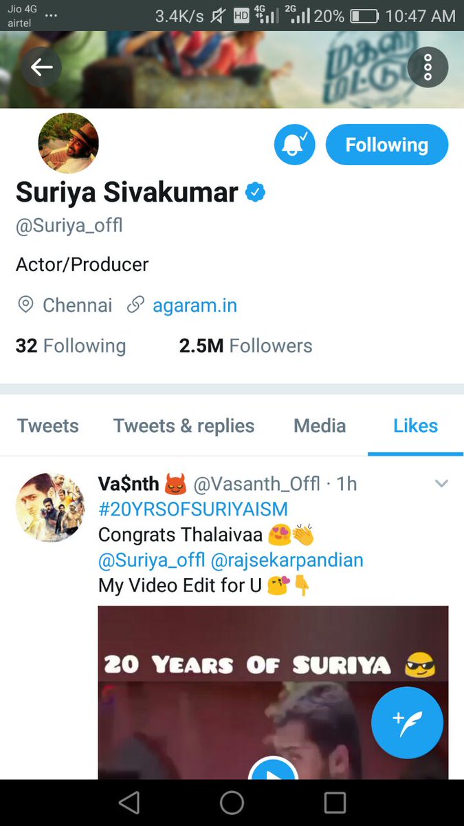 jhileyyy's tweet photo. WhathaA My Memorable Day (ystdy)๐
#20YrsOfSuriyaism ๐
@Suriya_offl na Liked My Tweet ๐
And Then My ID Trending In Chennai ๐
#TSKNewPoster โค https://t.co/6pk1Cmgf33