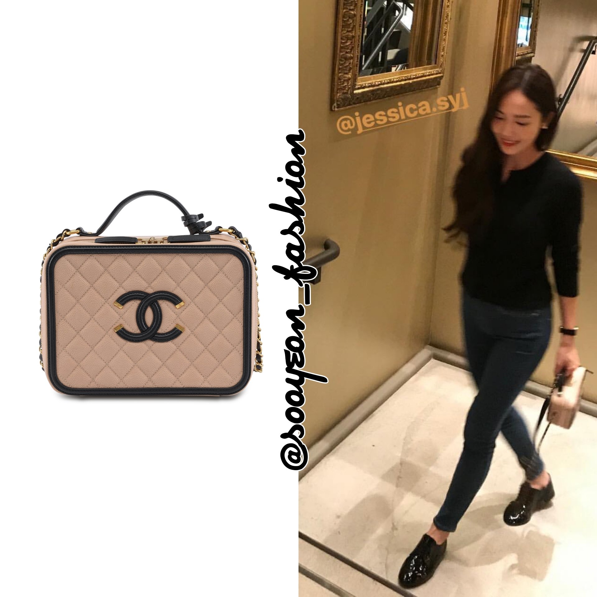 jsy fashion on X: [JESSTAGRAM STORY] 170907 CHANEL: CC Filigree Small Vanity  Case Bag, $3,200 GUCCI: Princetown Leather Slipper (Black), $650  #JessicaJung  / X