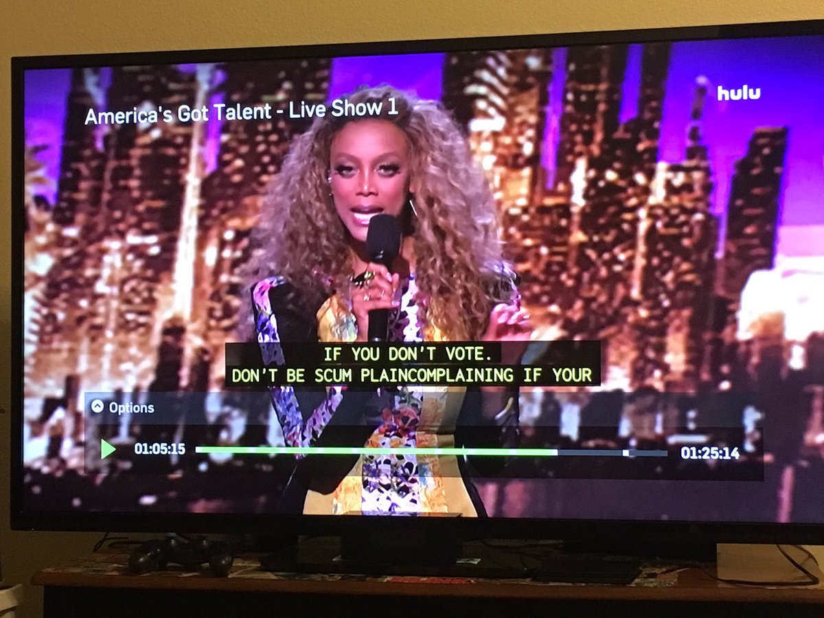 LadyTesar's tweet photo. Watching the reruns of #AGT on #Hulu and the subtitles are really on point! #WhatDidYouSayTyra @tyrabanks https://t.co/nIY0ejvMwb