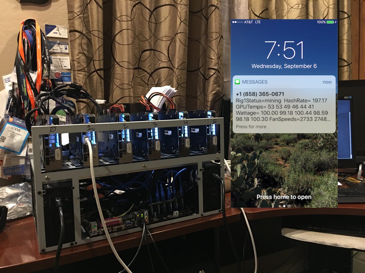 stevegreenberg's tweet photo. Crypto Mining $326.98 per Ethereum, @chrismatthieu showing you how to proactively monitor the rig via text using @Octoblu ….#Priceless https://t.co/GiWm8aqMYm