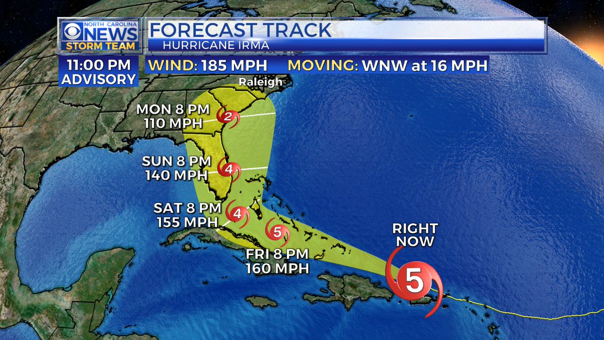 WeatherWes's tweet photo. 11p Hurricane #Irma Update: Winds have held again at 185mph &amp; track didn't move much, but central NC now in the path https://t.co/npf8yzr1IB