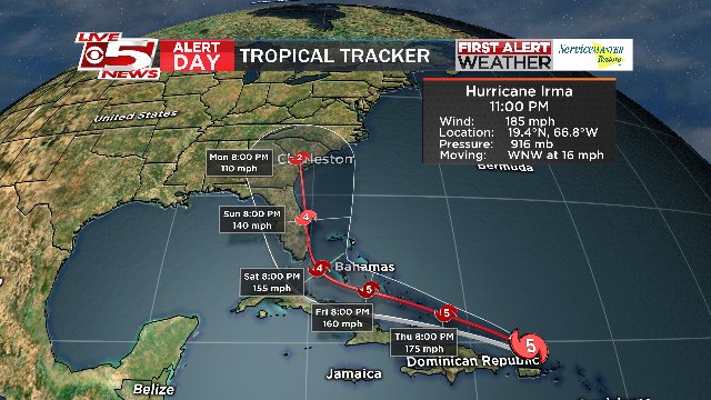 NEWS FLASH //Updated #Irma track puts storm near SC coast by Monday as Cat 2 or 3. Bottom line prep now. <a href="/Live5News/">Live5News</a>