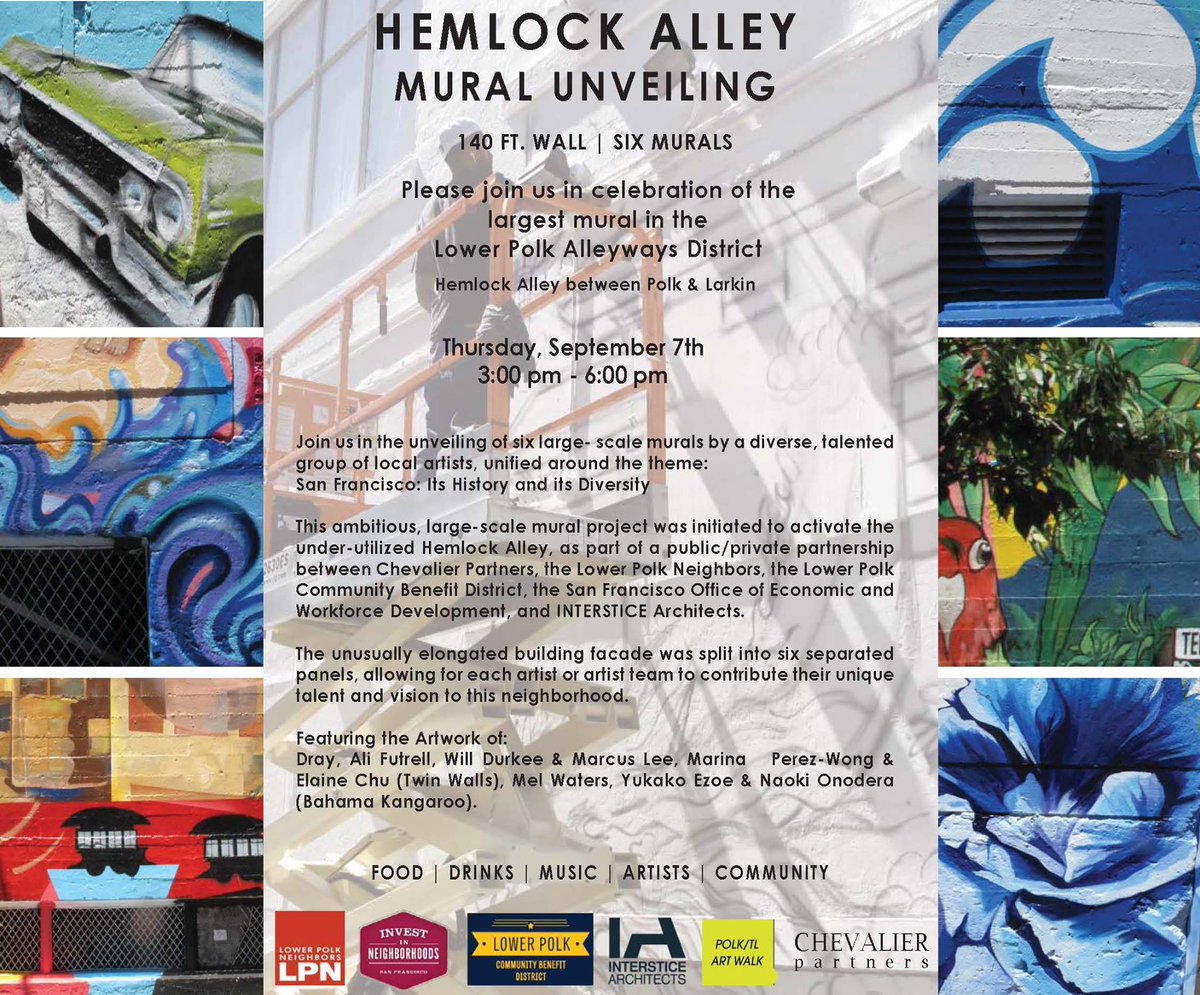 LowerPolk's tweet photo. See u tomorrow at the Hemlock Alley Mural Unveiling! @SFfirstThursday
https://t.co/1UwuPOE583
#mural #firstthursdays #artwalk #hemlockmural https://t.co/uIp1gzS5Bq