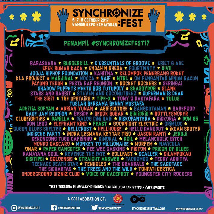 Ini dia daftar lengkap penampil #SynchronizeFest17! Ada kah yg kamu tunggu-tunggu? 😉Yuk dapatkan tiketnya di sini: synchronizefestival.com