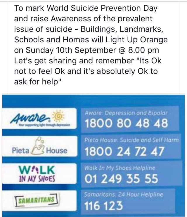 DonegalCas's tweet photo. Help Support Light Up Orange for World Suicide Prevention Day 10th September 8.00pm #WSPD17 #CAS800 #LightUpOrange https://t.co/8fHjBrQc4s