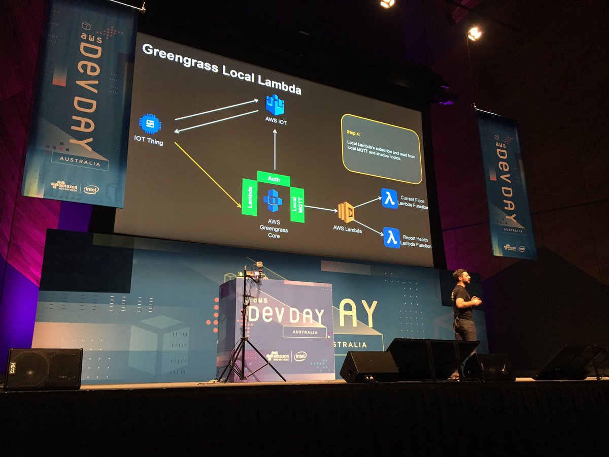 AWS Lambda on AWS Greengrass, great 👍 demo <a href="/sbaldacchino/">Shane Baldacchino</a>, even better elevator pitch 😉#AWSDevDay Melbourne