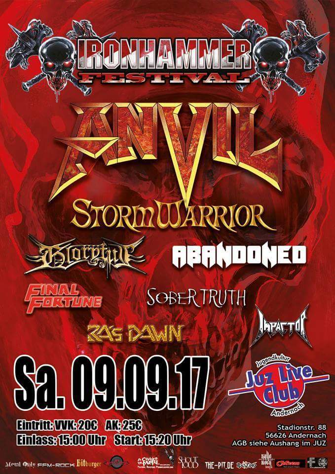 sobertruthband's tweet photo. IRONHAMMER FESTIVAL 2017 | Sa. 9.9.17 | Juz Andernach #ironhammer #anvil #gloryful #sobertruth #stormwarrior https://t.co/kg3a3JT85j