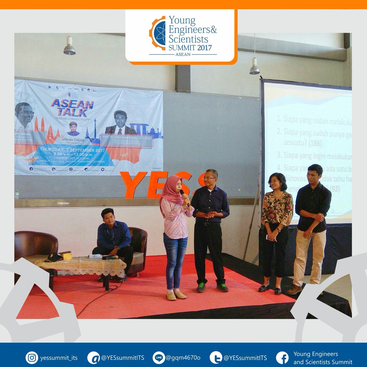 [DAY 2]

ASEAN TALK was done! 

Mr. Dahlan Iskan&amp;Prof. Dr. Ketut Buda Artana, ST, M.Sc had inspired all of the participants

Keep inspiring!