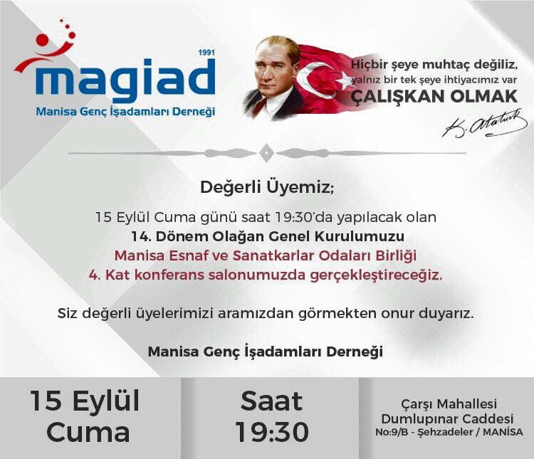 15.09.2017 Cuma Günü Saat 19:30'da 14.DÖNEM Olağan Genel Kurulumuz, Mesob Konferans Salonunda Gerçekleşecektir. İş Dünyamız Davetlidir.