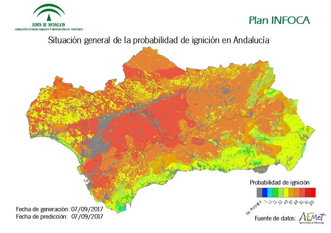 Buenos días. Vuelve el mapa de probabilidad de ignición tras unas semanas sin poder ofrecéroslo. Lo rojo marca la precaución, tomemos nota