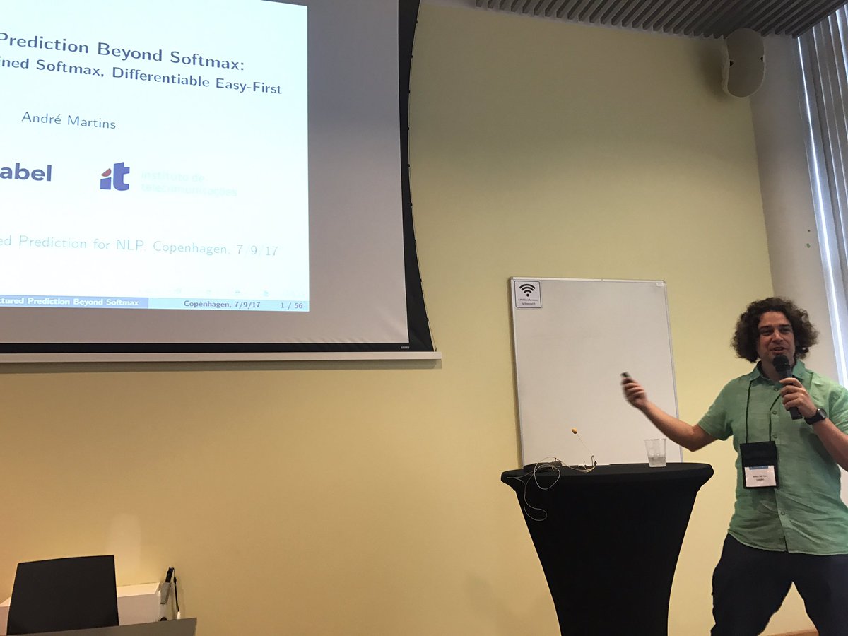 kaiwei_chang's tweet image. Andre is talking about sparsemax at #SPNLP workshop in @emnlp2017