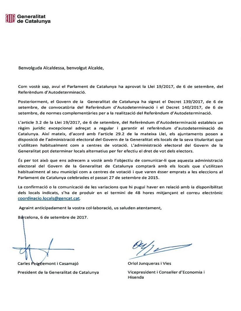El referèndum del 1-O ja camina. Aquesta és la carta que hem enviat el vicepresident <a href="/junqueras/">Oriol Junqueras 🎗️</a> i jo mateix a tots els ajuntaments catalans.