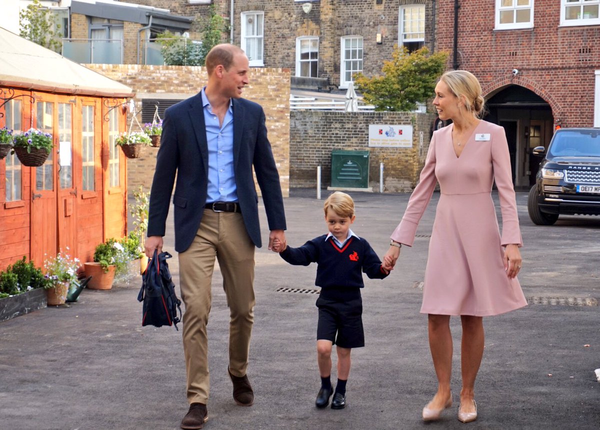 Prince George arrives for his first day of school at Thomas's Battersea with his father The Duke of Cambridge.