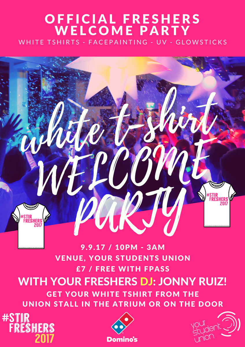 stirlingunion's tweet photo. FIRST WEEKEND: White T Shirt Welcome Party &amp; @junktapetv! Tickets on sale 10am Sat 9th in the Atrium https://t.co/7hmsyTlWi6 #stirfreshers17 https://t.co/UPV3Fz1cTA