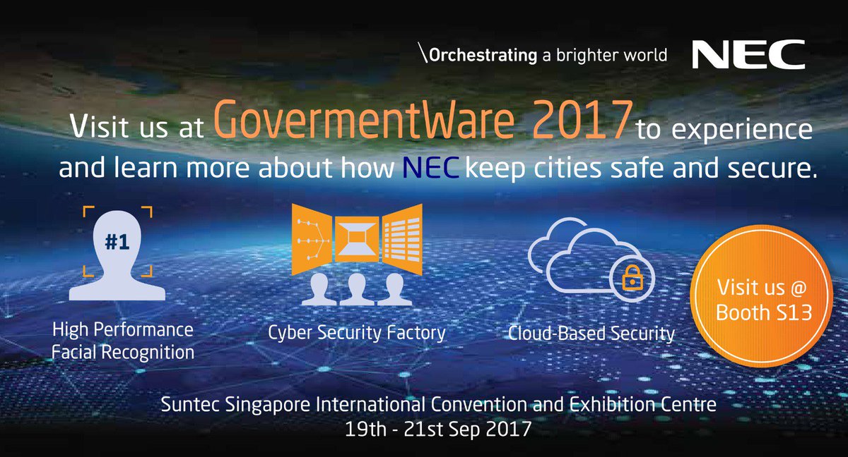 NEC_Safety's tweet photo. Visit NEC at GovWare 2017 at Suntec Hall 402 from 19-21 Sept, where we showcase our latest in cyber & physical security #NEC #NECGovware https://t.co/be03Yec8Px