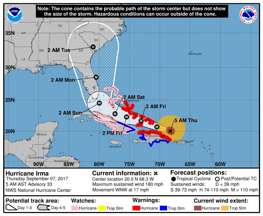 EricBlake12's tweet photo. Disheartening to see the center of the cone staying over SE #Florida. #Miami #hurricane force wind probabilities now up to about 50%! 😳#Irma https://t.co/c74whAfhJg