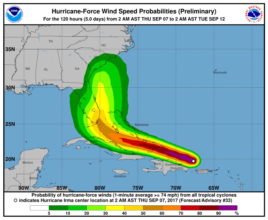 EricBlake12's tweet photo. Disheartening to see the center of the cone staying over SE #Florida. #Miami #hurricane force wind probabilities now up to about 50%! 😳#Irma https://t.co/c74whAfhJg