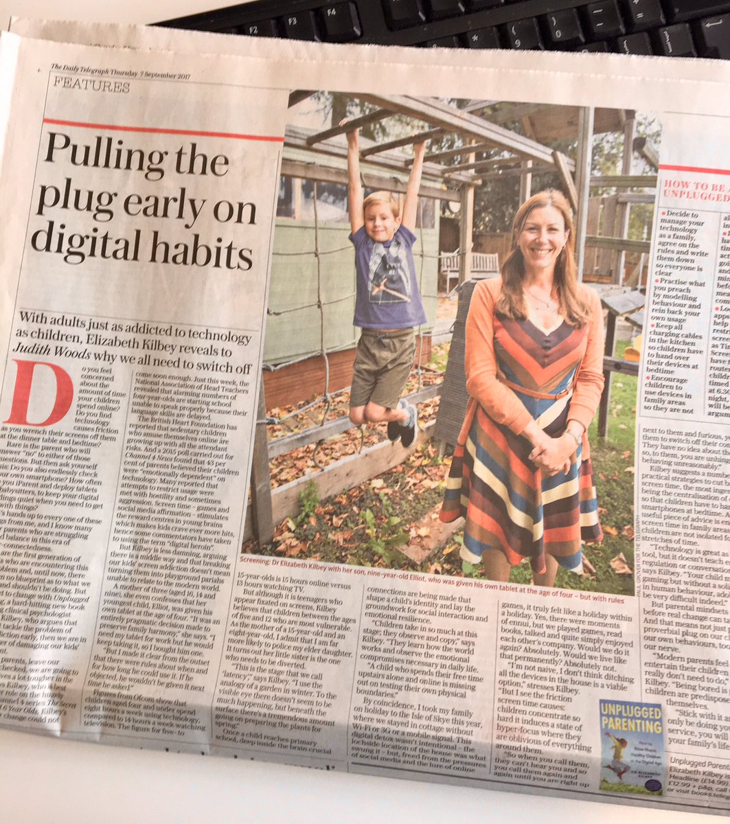 PublicityBooks's tweet photo. Interview with Dr Elizabeth Kilbey in @Telegraph about how to get your kids off their screens. Her book #UnpluggedParenting is out today! https://t.co/wnFMvd6cvV