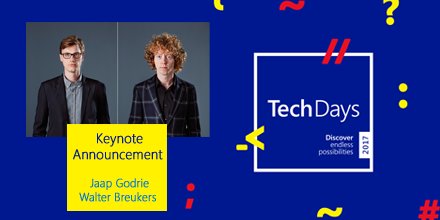TechNetNL's tweet image. ANNOUNCEMENT! Our #techdaysnl keynote this year will be provided by the dynamic duo @breukersgodrie #discover #explore #possibilities