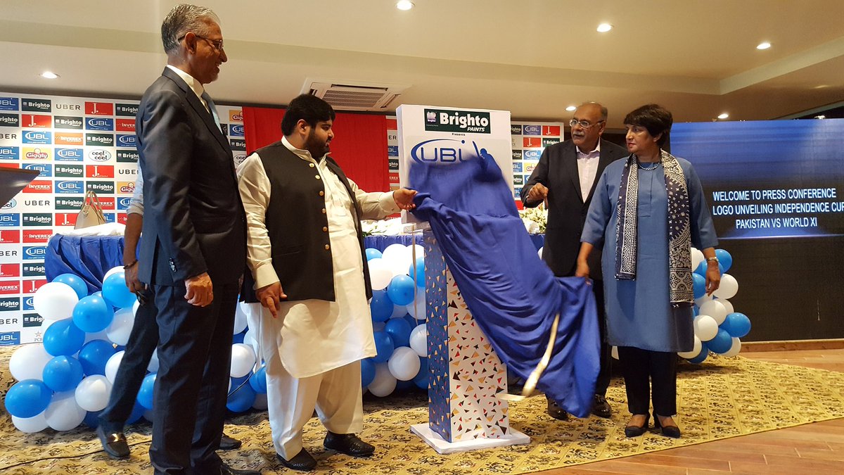 TheRealPCB's tweet photo. Independence Cup 2017 - Pakistan vs. World XI logo unveiling ceremony at GSL
#PAKvWXI #cricketkihalalala https://t.co/sVulTAm9re