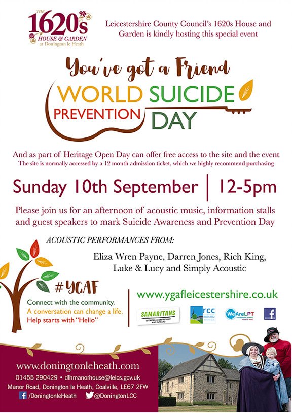 'You've got a friend' World suicide prevention day event, 10th September 12-5pm
#YCAF #SuicidePrevention At Donington Le Heath #Coalville