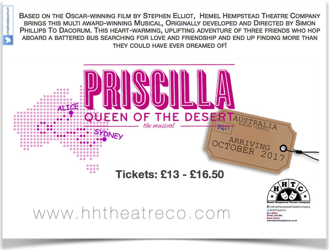 CreativeDacorum's tweet photo. #Dacorum Less than four weeks until Priscilla lands on The Boxmoor Playhouse! Book ticket now! https://t.co/AzBKJxx5Jm https://t.co/kR2EgCOaqb