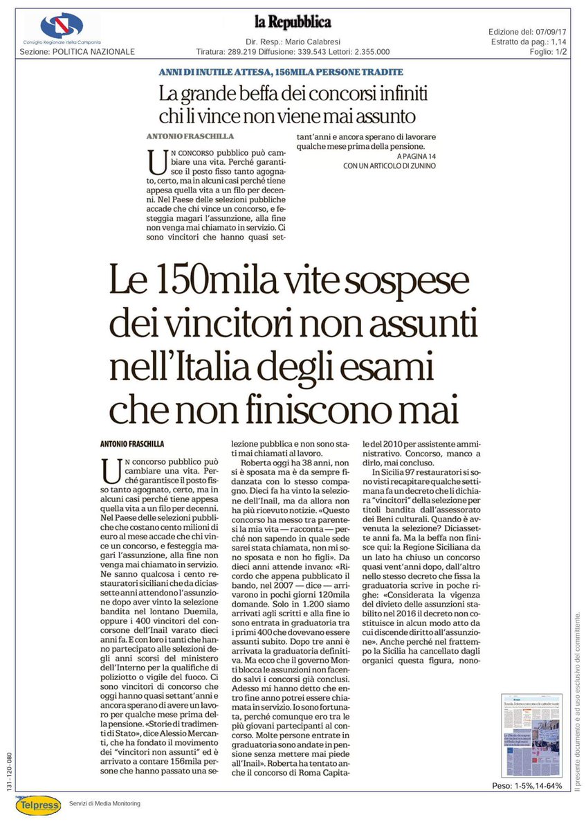C_XXVIIOttobre's tweet photo. Grazie a @repubblica ed al nostro Presidente @AlessioMercanti ... compatti verso #prorogamerito https://t.co/i0DKKdmWpL