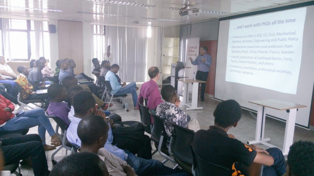 cmu_africa's tweet photo. "Having a PhD means you have demonstrated that you can do original work." - Bruce Krogh #CMUTalks https://t.co/3sbbKhbptF
