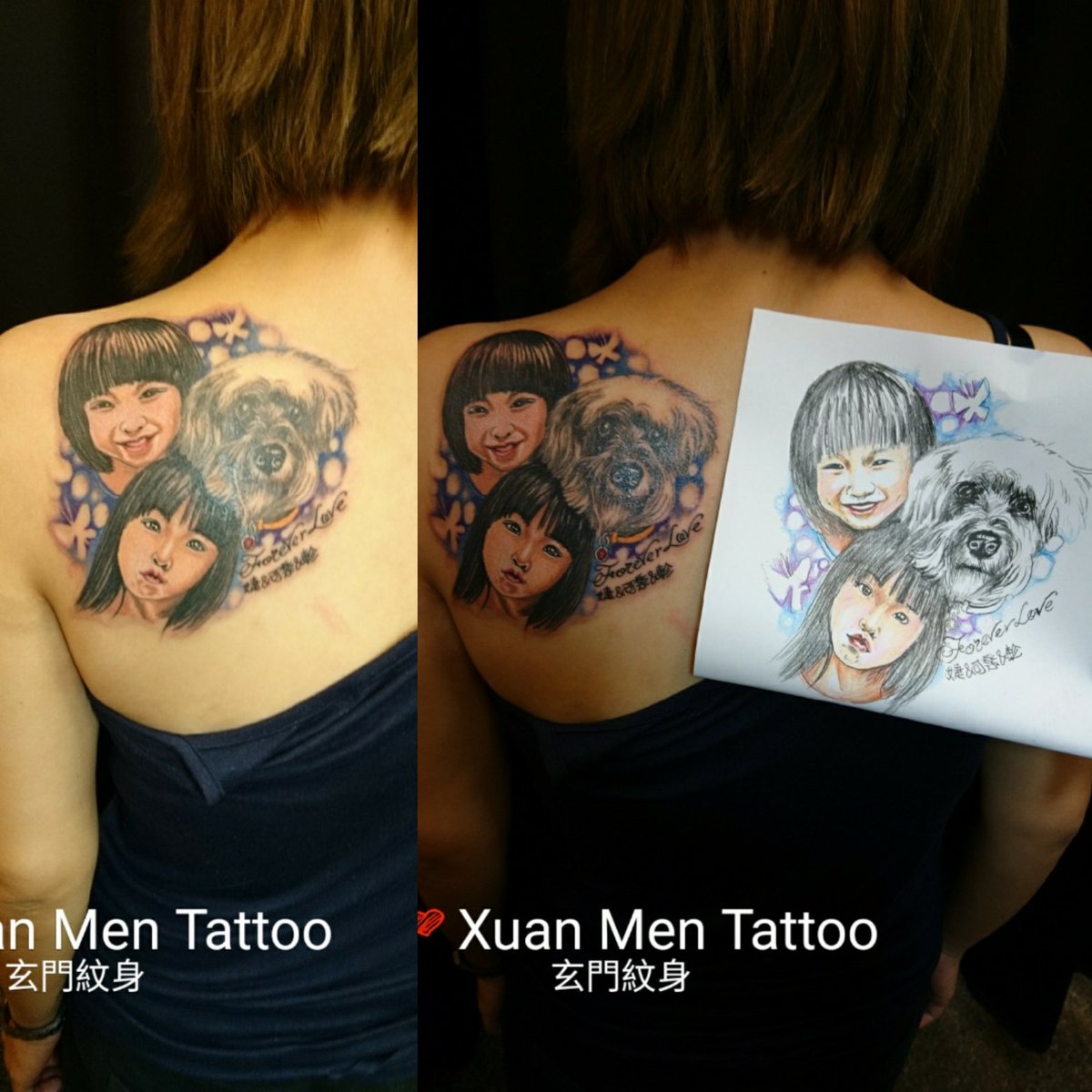 將二個寶貝女兒最可愛的時候及愛犬一起刺在身上成永恆的紀錄#肖像刺青#紋身#tattoo, image size:1200x1200