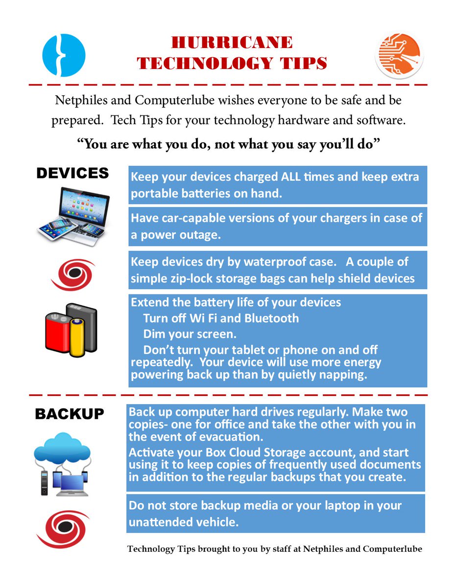 Netphiles's tweet image. Netphiles Hurricane Technology Tips - prepare now!
#backup #securedevices #netphilestechtips  #cloudbackups